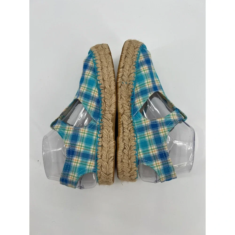 Andre Assous Plaid Espadrille T-Strap Platform Sandals Blue Green Womens 6
